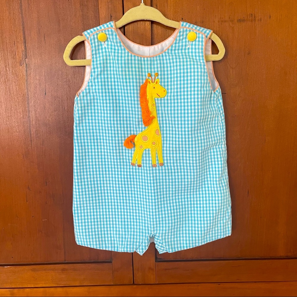 Boys Blue Gingham Jon Jon - Giraffe Appliqué